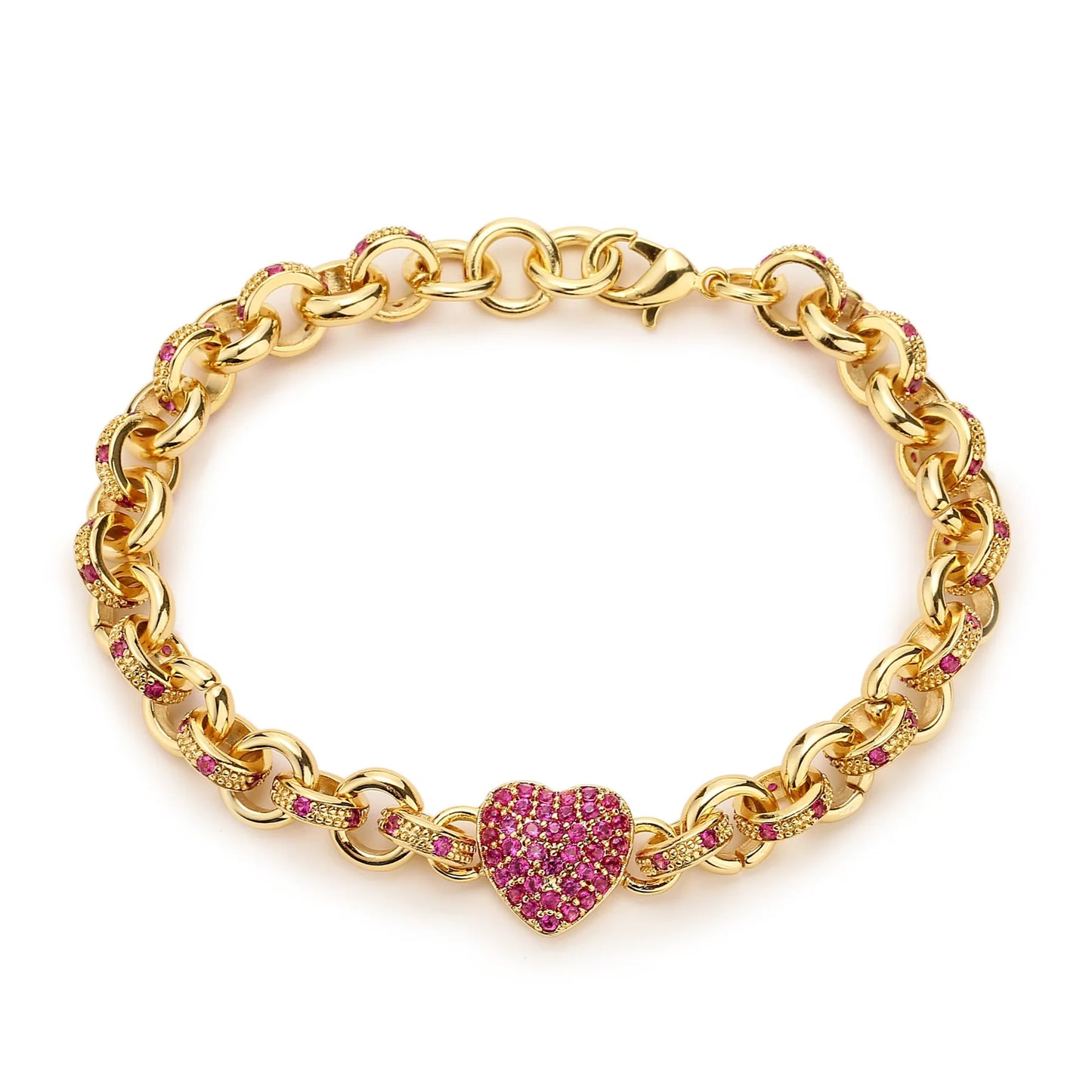 9ct ALL RED CRYSTAL SINGLE HEART CHARM BELCHER BRACELET