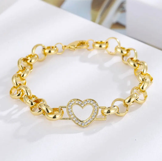 Kids / Womens 18ct Gold Plated Heart Crystal Pattern Belcher Bracelet