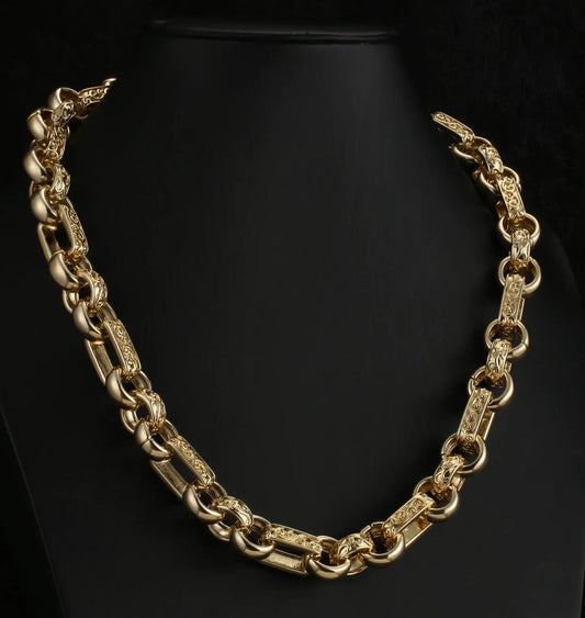 LUXURY GOLD 10MM GYPSY LINK BELCHER CHAIN WITH ALBERT CLASP - 24 INCHES