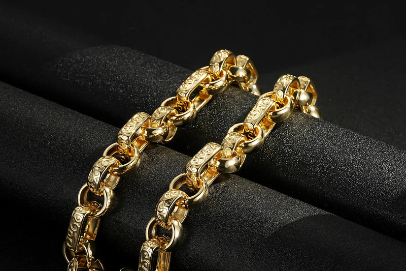 LUXURY GOLD 10MM GYPSY LINK BELCHER CHAIN WITH ALBERT CLASP - 24 INCHES