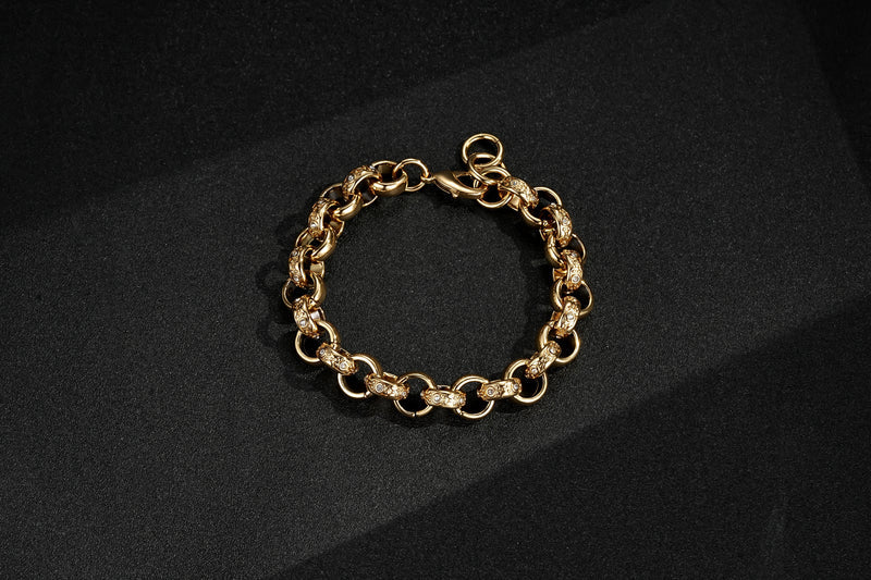 NEW LUXURY 12MM GOLD FILLED & BONDED ALTERNATE CRYSTAL PATTERN BELCHER BRACELET - DURABLE