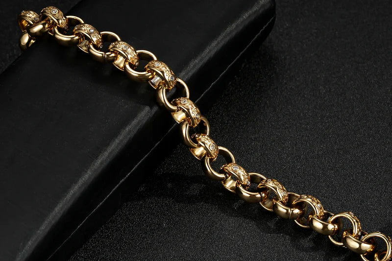 NEW LUXURY 12MM GOLD FILLED & BONDED ALTERNATE CRYSTAL PATTERN BELCHER BRACELET - DURABLE