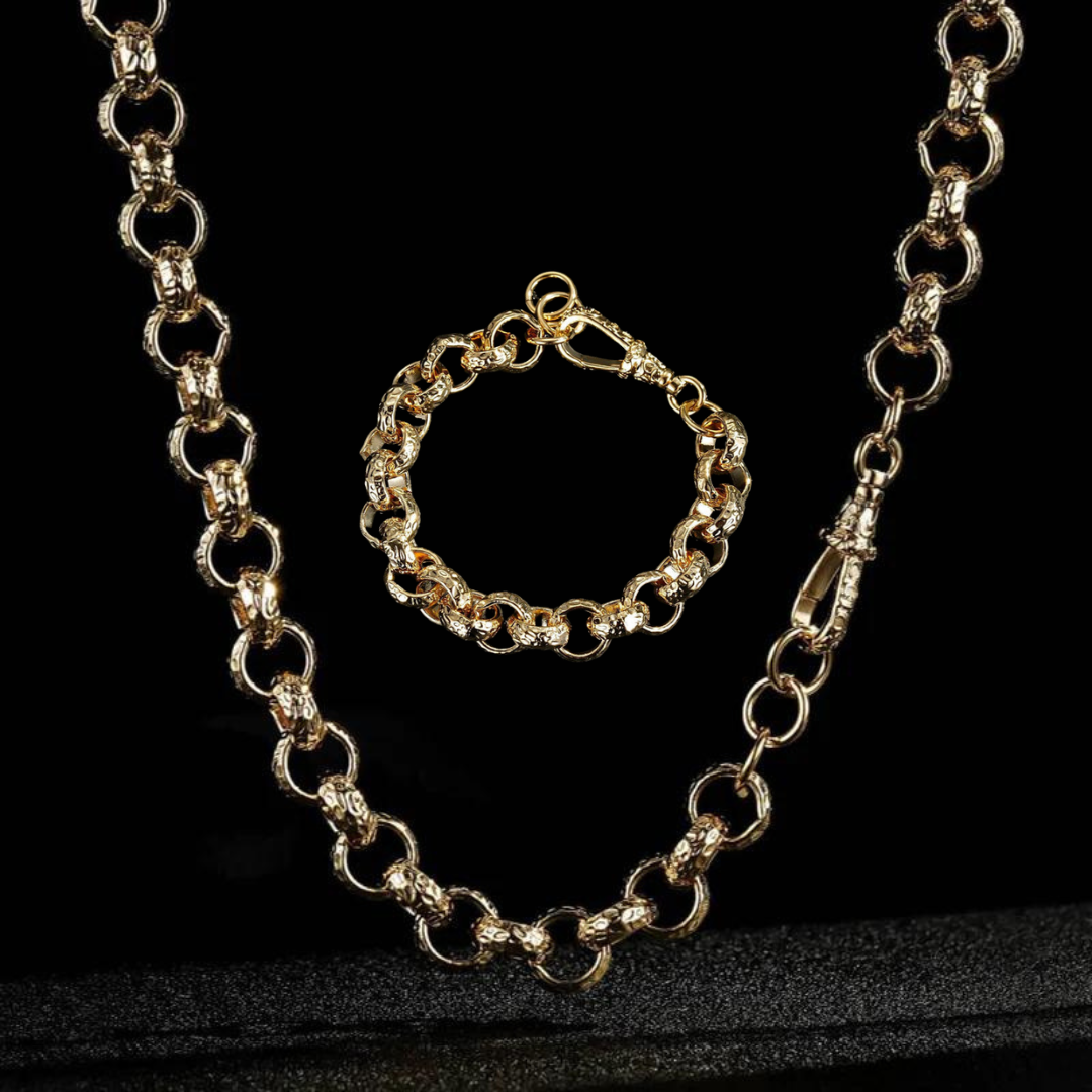 LUXURY GOLD 12MM DIAMOND CUT PATTERN BELCHER CHAIN AND BRACELET WITH ALBERT CLASP SET (24 & 8 INCHES)