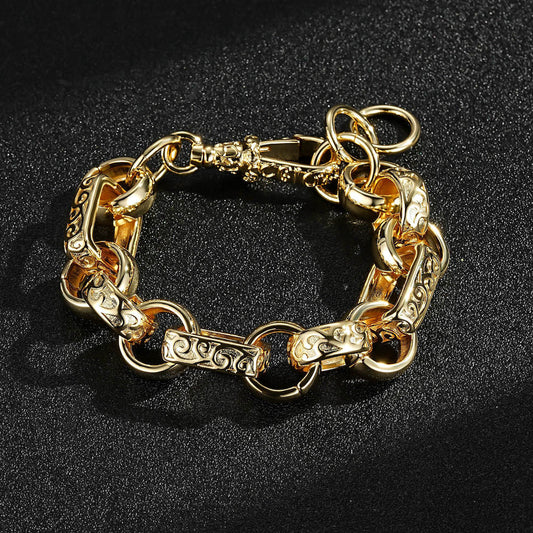 LUXURY XXL GOLD 18MM ORNATE GYPSY LINK BELCHER BRACELET WITH ALBERT CLASP