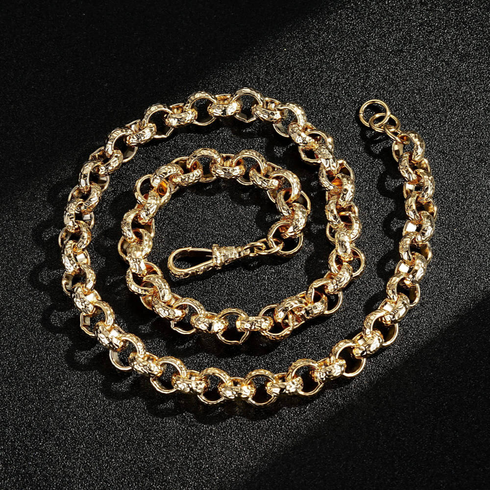 LUXURY 12MM GOLD DIAMOND CUT PATTERN BELCHER CHAIN WITH ALBERT CLASP