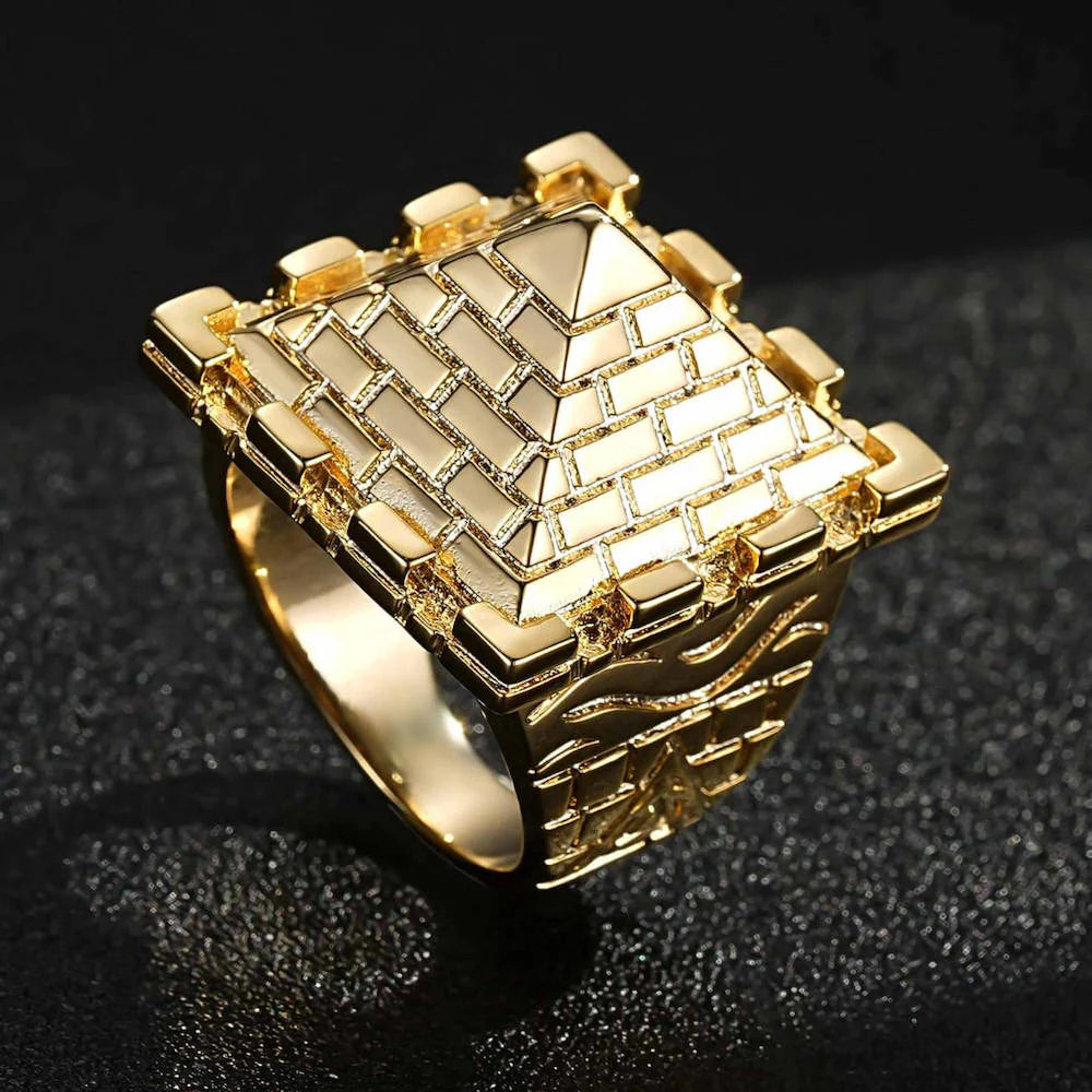 PREMIUM XXL HEAVY GOLD PYRAMID CASTLE RING